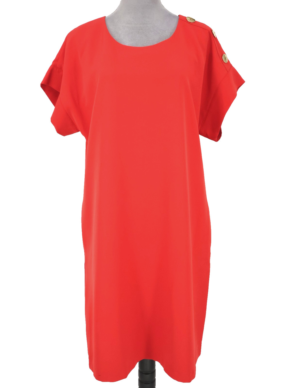 T Tahari Dress Womens 14 Red Shift Lined Shoulder Buttons Pockets Oversized